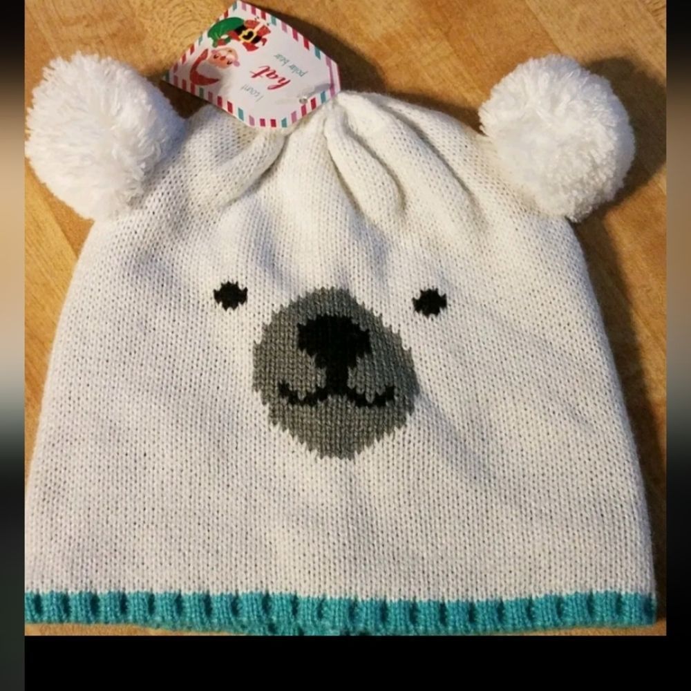 Children's Polar Bear Pom Pom Knit Beanie Hat & Matching Furry  Gloves